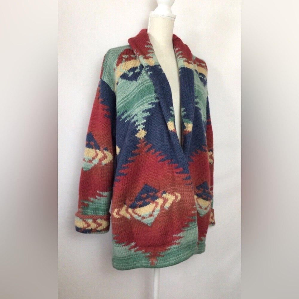 Ralph Lauren Hand Knit Blanket Wool Aztec Southwestern Navajo Robe Jacket - Picture 3 of 9